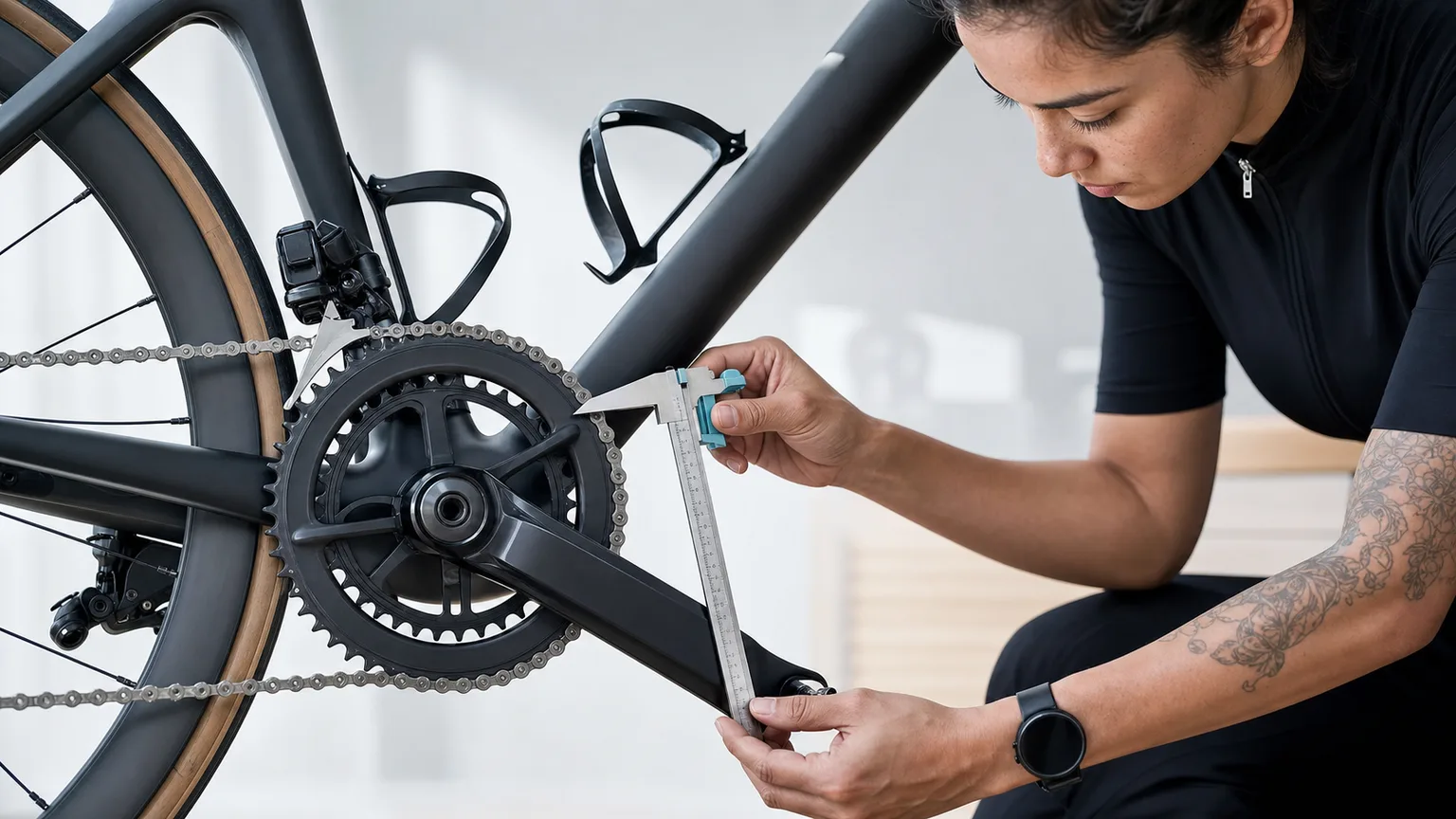 A mechanic measures bicycle crank length from the bottom-bracket centre to the pedal-spindle centre