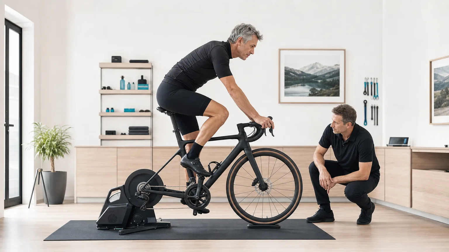 An older cyclist pedals on a smart trainer while a fitter observes hip and knee clearance at the top of the stroke