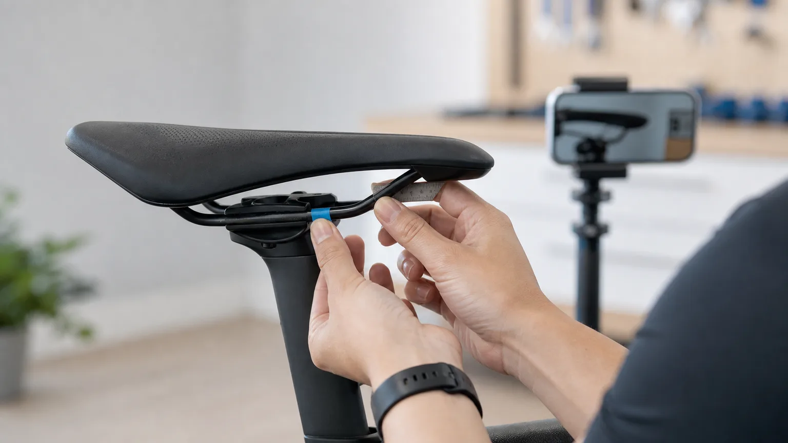 Hands preserve a saddle-rail and clamp baseline with removable cyan tape, a ruler and a reference photo