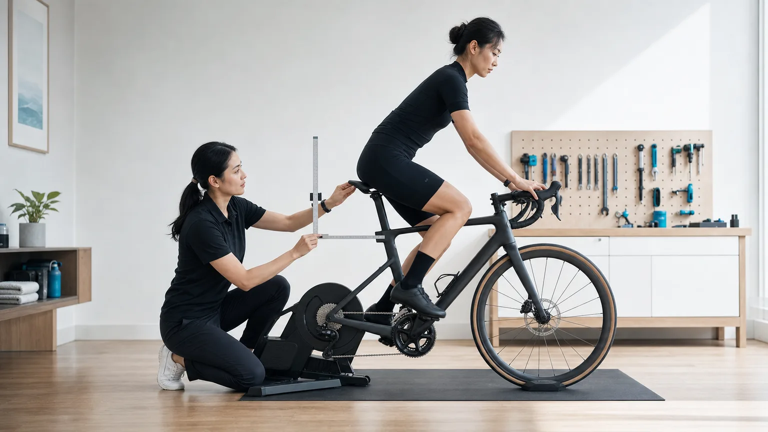 A cyclist pedals on a stationary trainer while a fitter rechecks the physical saddle-height datum from the side