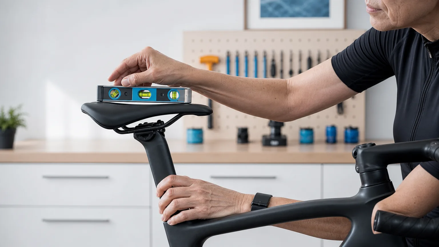 An older cyclist places a compact bubble level on a declared saddle datum while steadying the bike