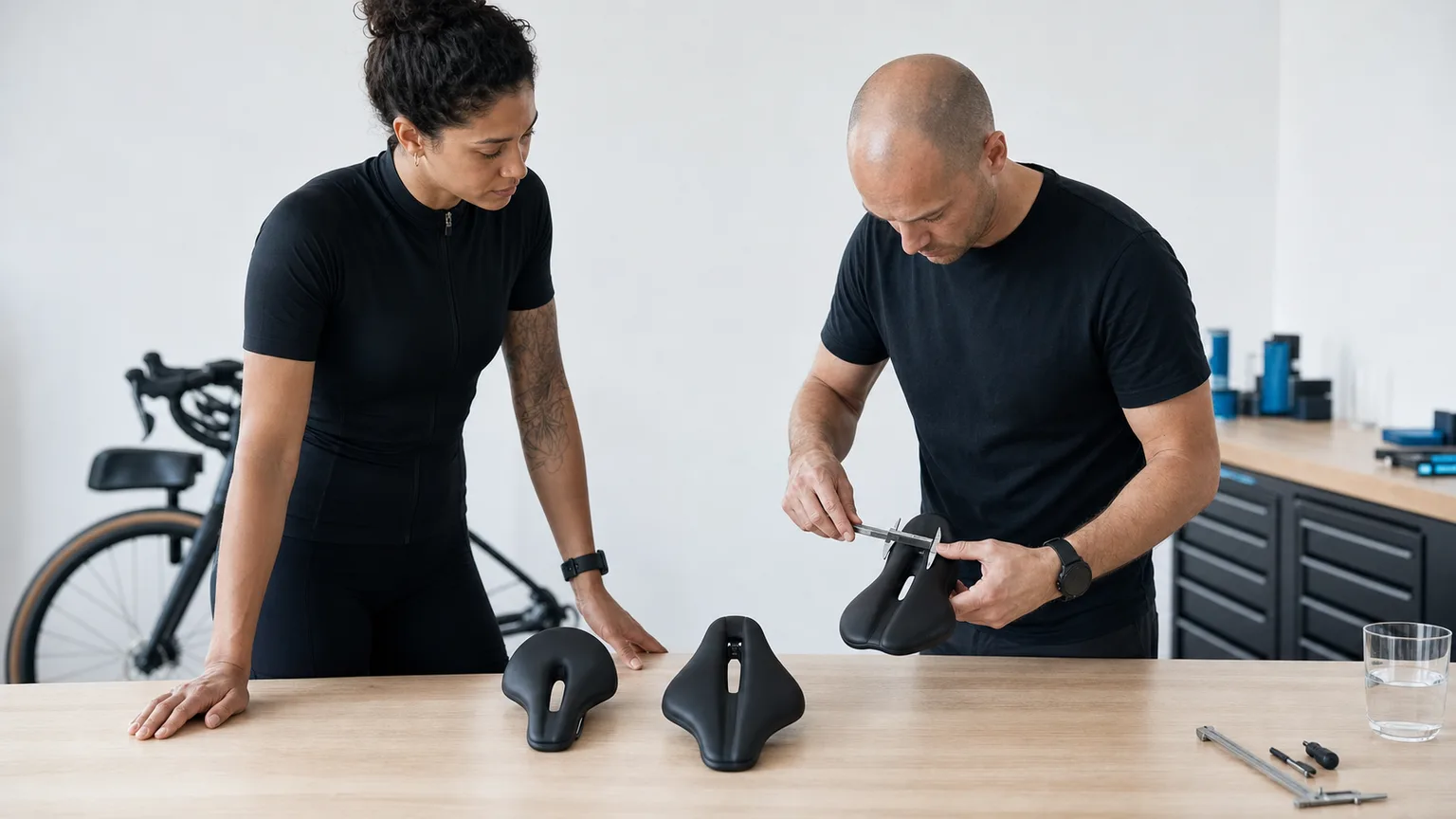 A cyclist and fitter compare three unbranded bicycle saddle shapes with calipers before a ride test