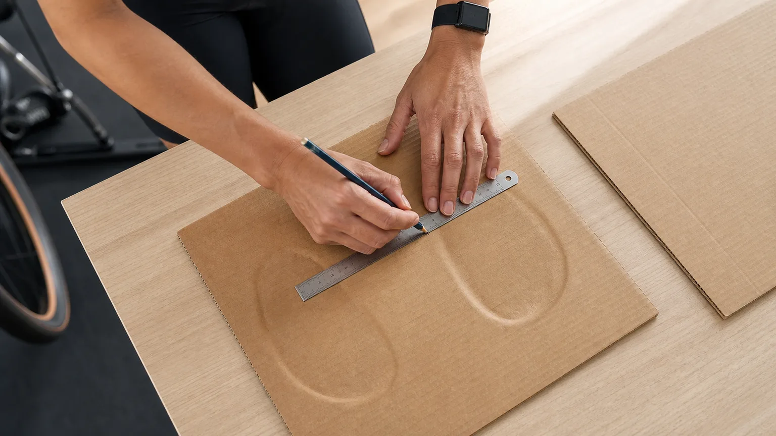 Hands mark and measure the centres of two sit-bone impressions on fresh corrugated cardboard