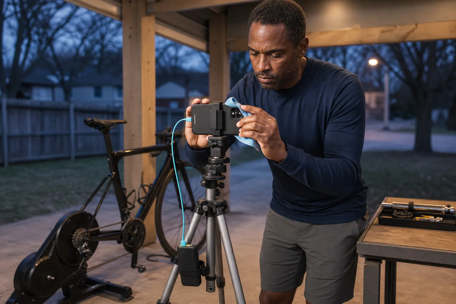 Cyclist checking phone power, rear-camera selection and tripod stability before an on-device bike fit.