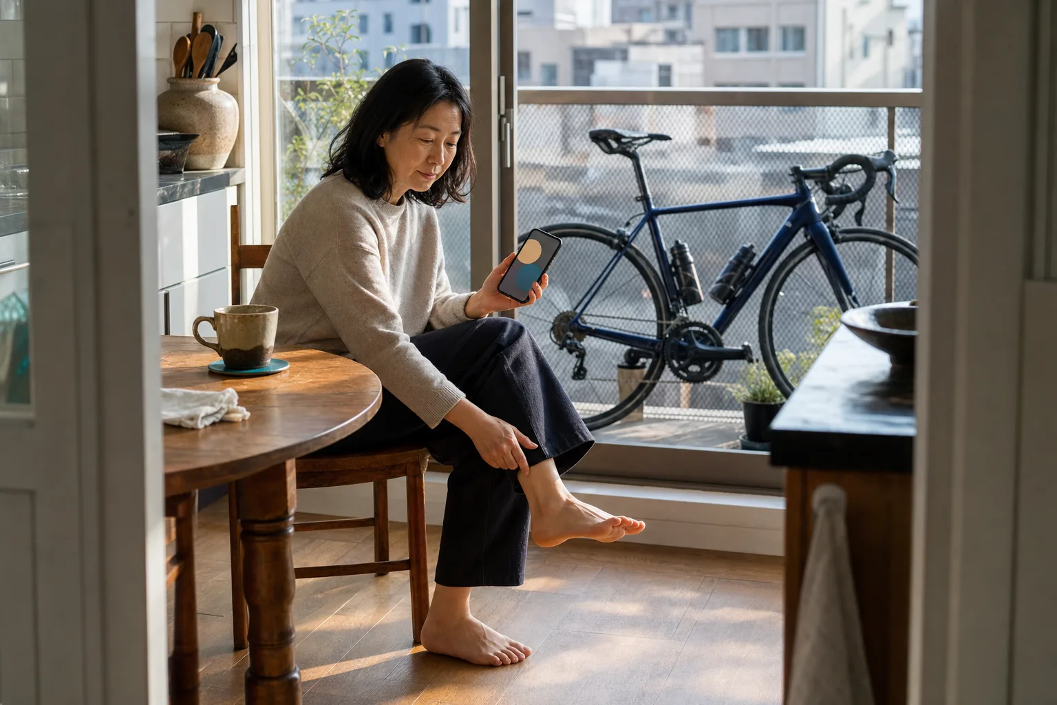 An East Asian cyclist calmly reviewing how the body feels the morning after a ride, with the bicycle visible on a balcony.