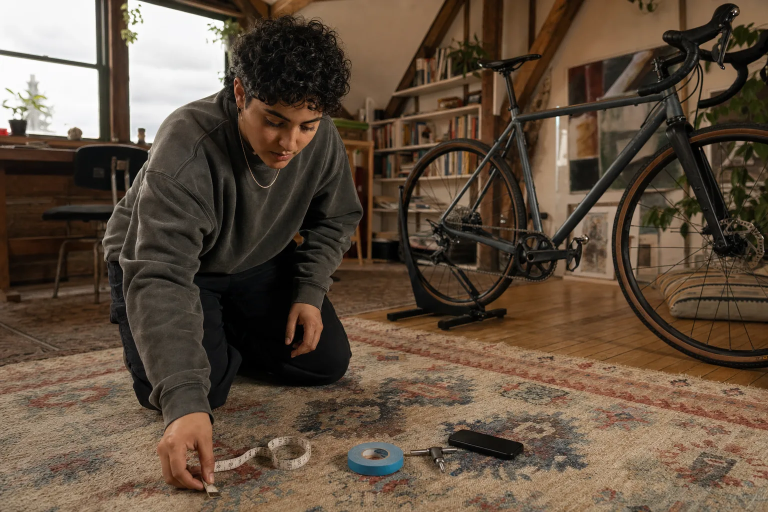 A cyclist lays out a tape measure, marker and small bike-fit adjustment kit beside a road bike.