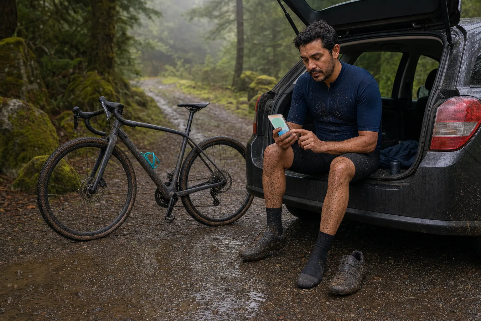 A Latino gravel cyclist recording a short comfort check-in on a phone beside an open car at a trailhead.