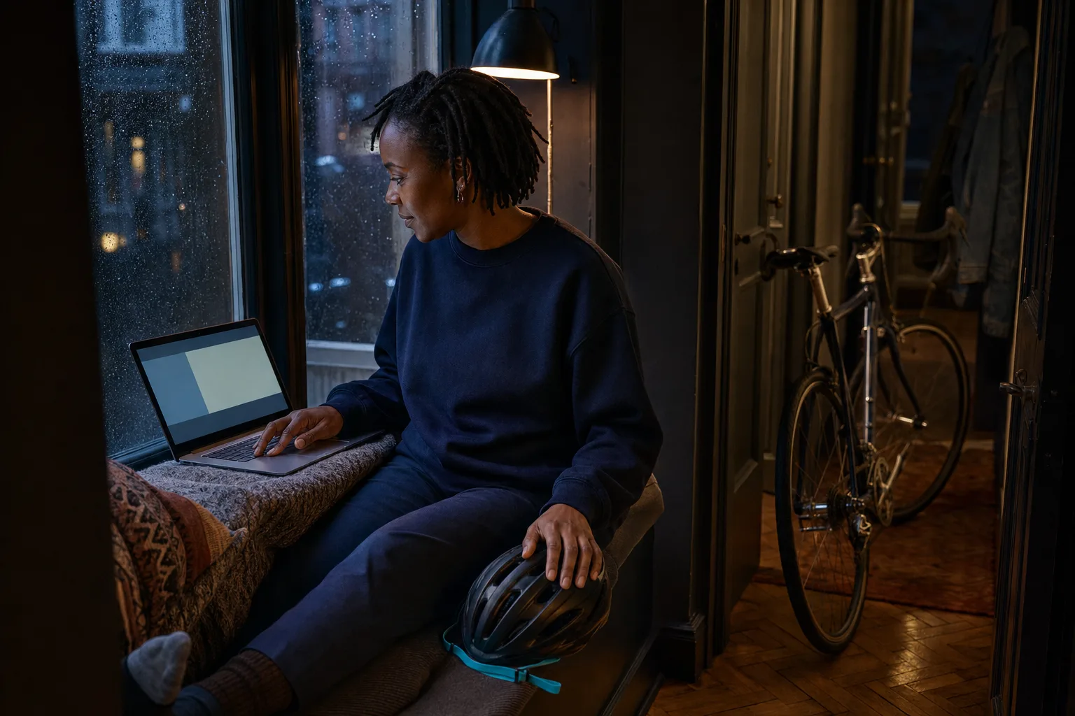 A Black cyclist returning to an unfinished local bike-fit session beside a rainy window in the evening.