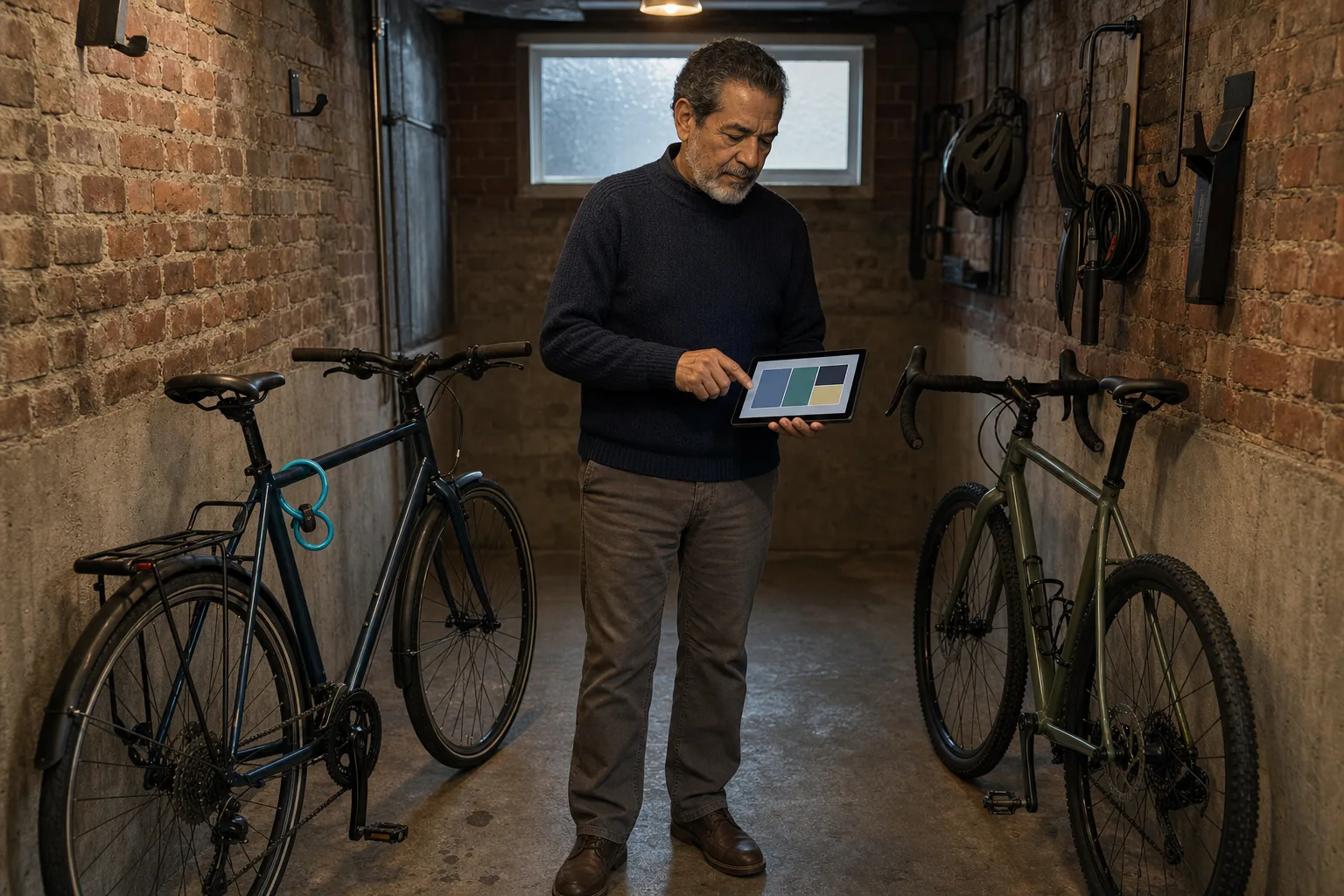 An older Latino cyclist comparing two distinct bicycles and their locally saved setup records in a brick basement workshop.