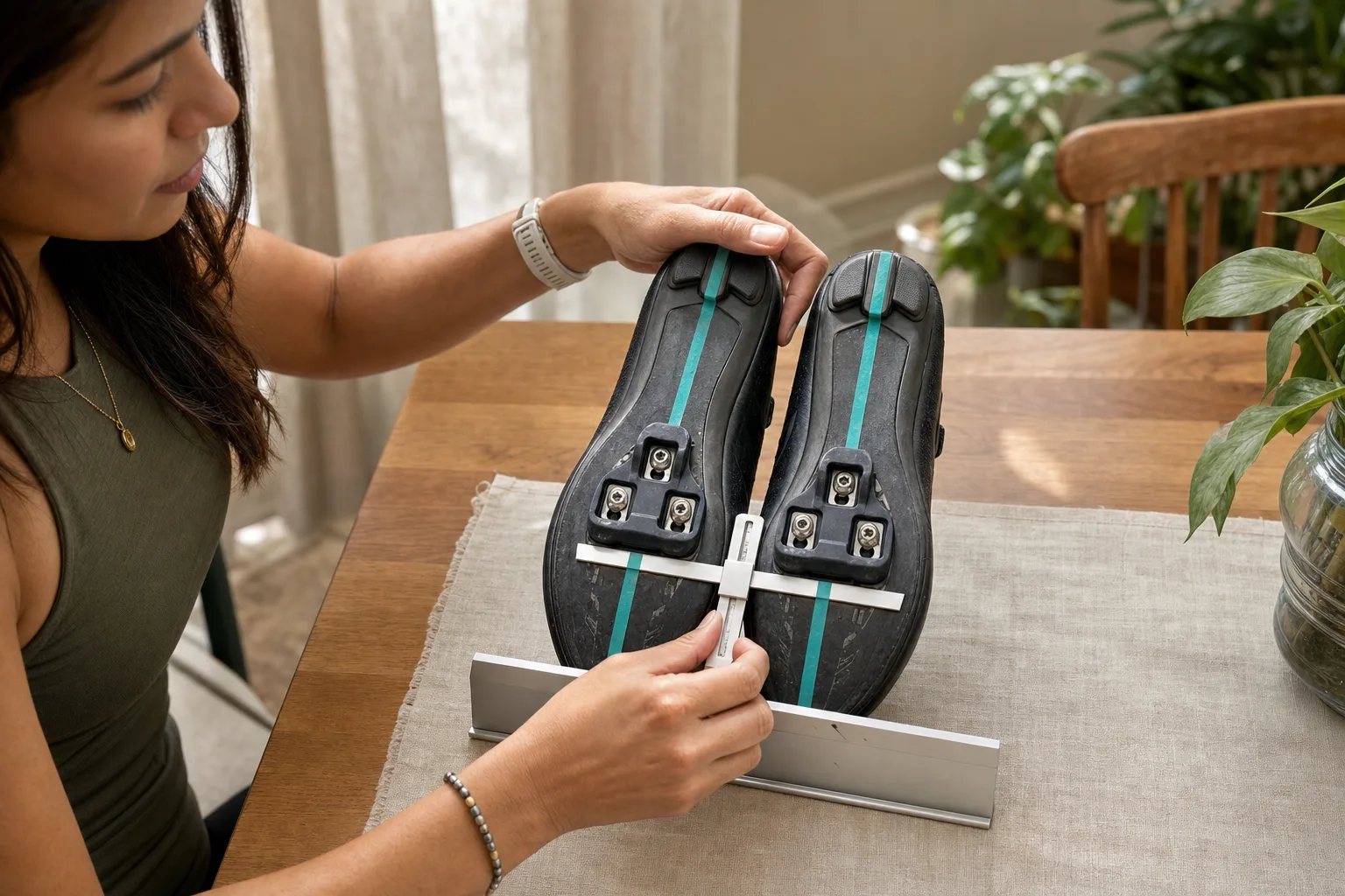 A pair of cycling shoes held in a real workshop symmetry jig with cleat reference marks visible