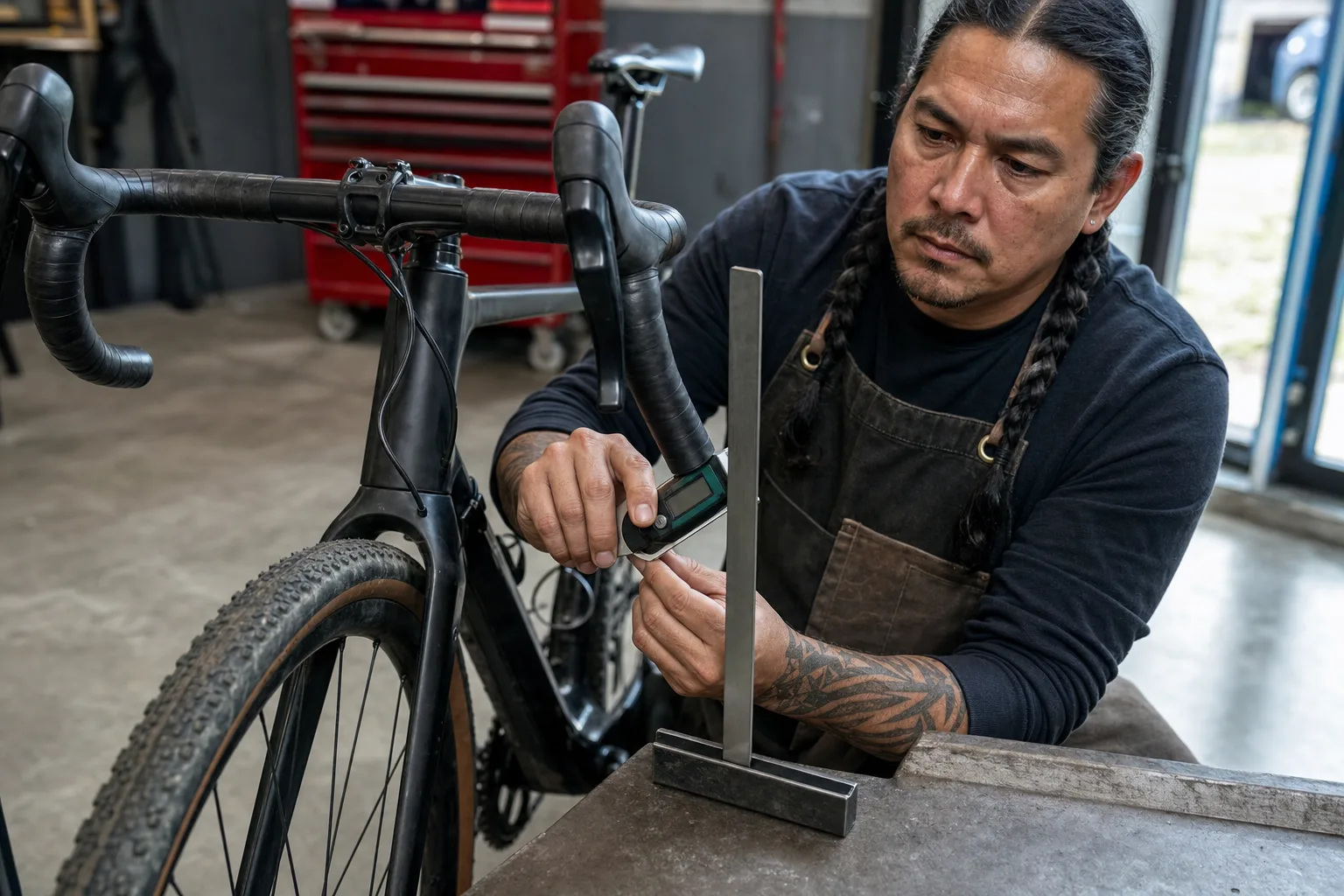 Mechanic measures gravel-handlebar flare against a vertical workshop datum.