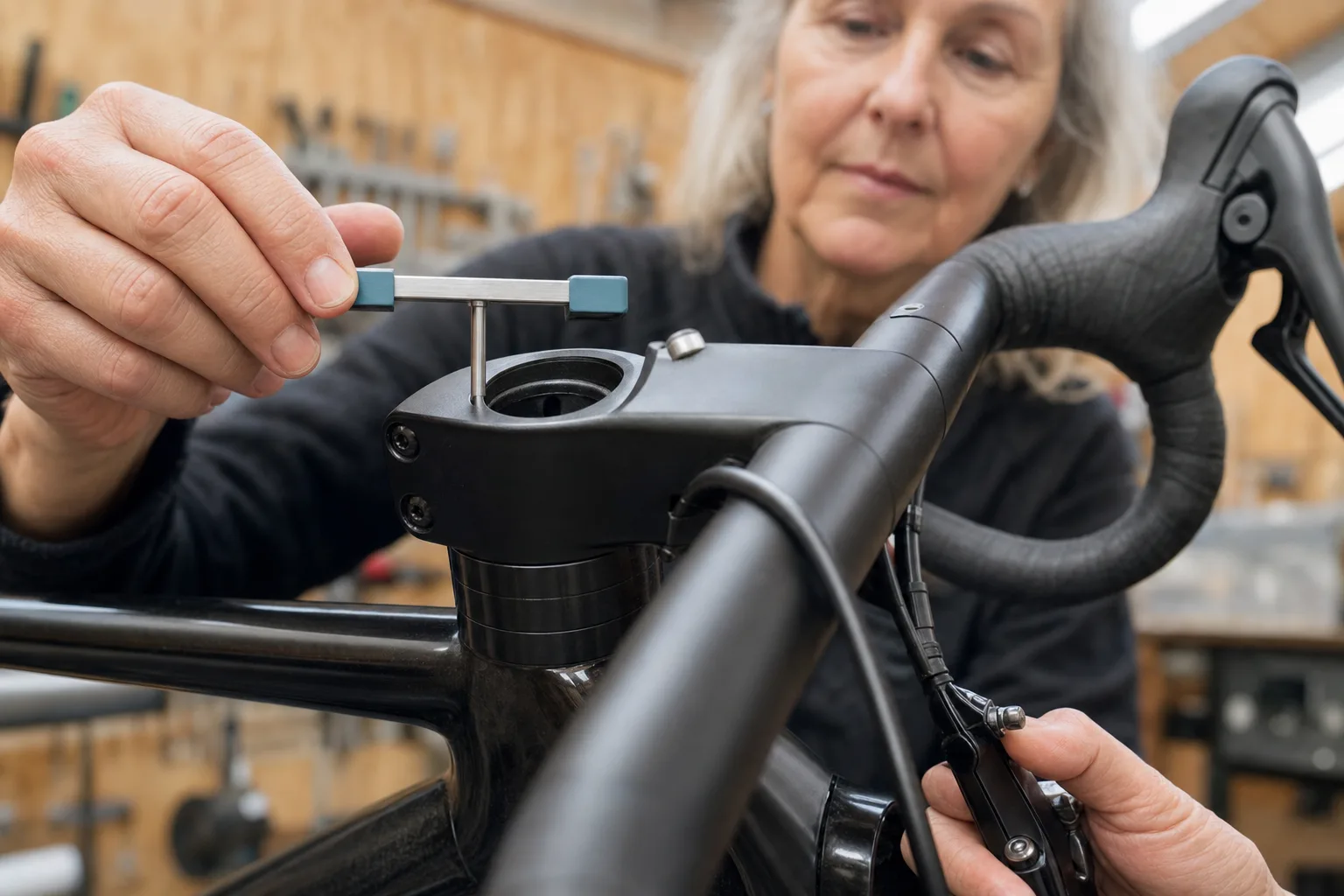 Mechanic measures the steerer recess inside an open threadless stem.