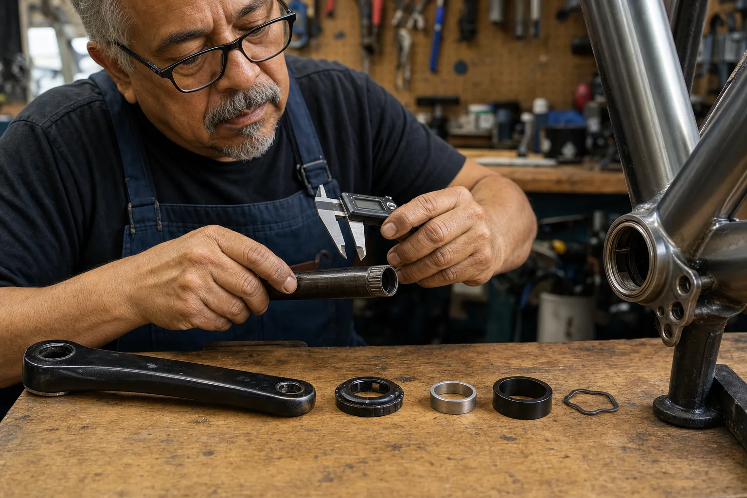 A mechanic identifies the exact crank interface before recording a component change.