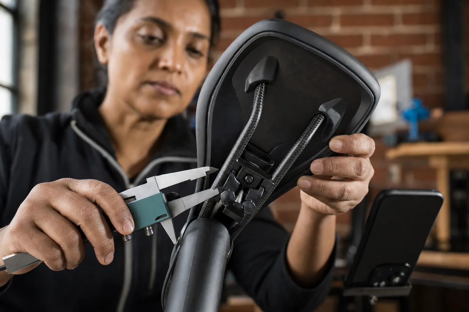 A rider documents the saddle rail and clamp interface before installation.