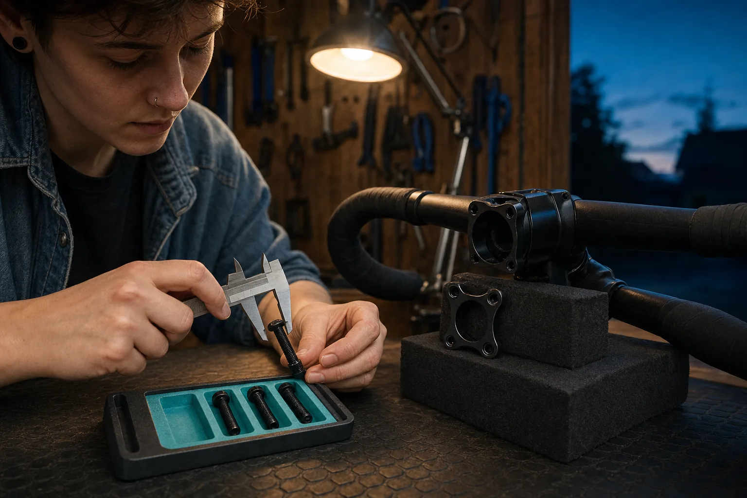 Mechanic measuring a replacement stem bolt beside two exact cockpit components on a workshop bench.