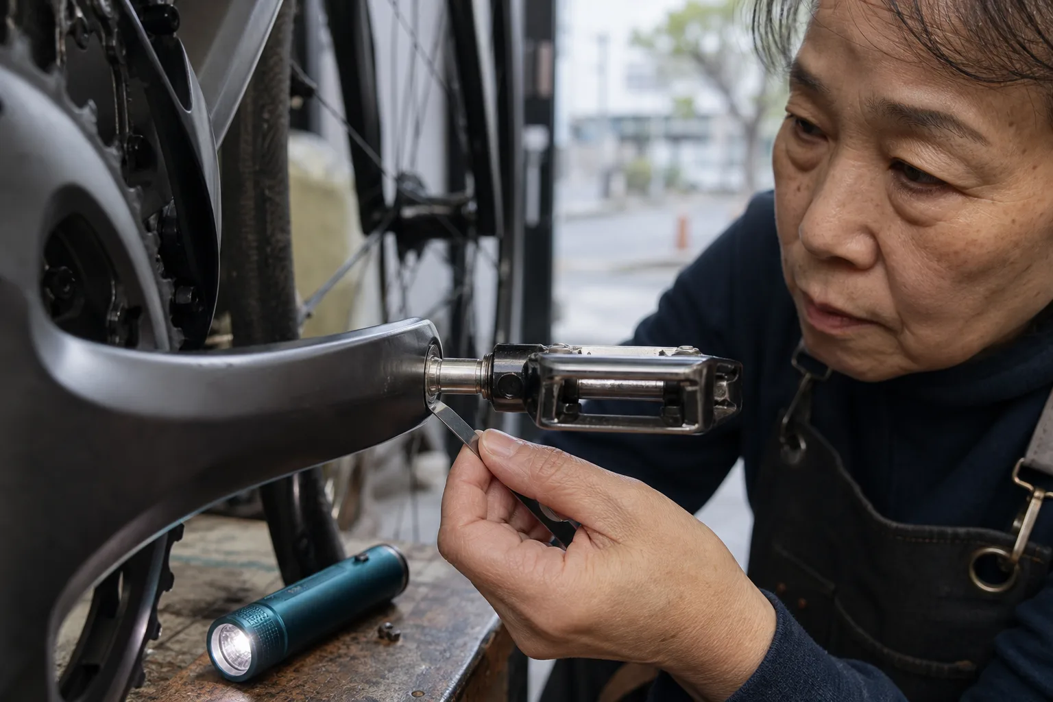 Mechanic inspects the pedal spindle shoulder and washer at the crank interface.