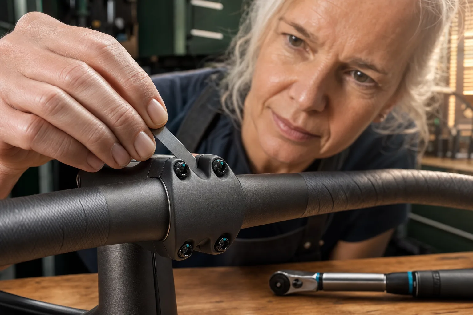 Mechanic checks even stem-faceplate gaps beside four torque witness marks.