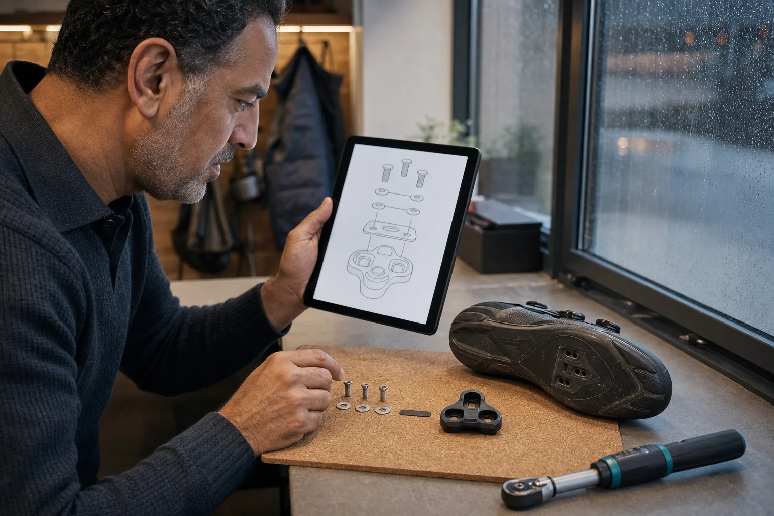 Rider orders cleat hardware beside a road shoe and an exploded assembly diagram.