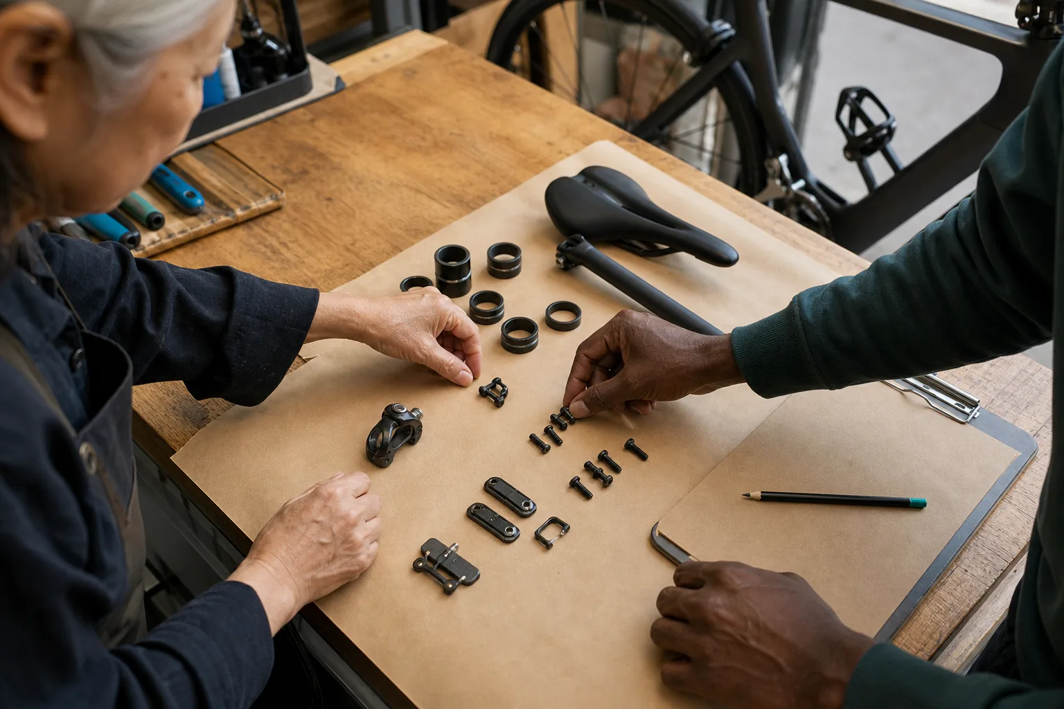 Mechanic and rider arrange removed bike-fit hardware on kraft paper before service.