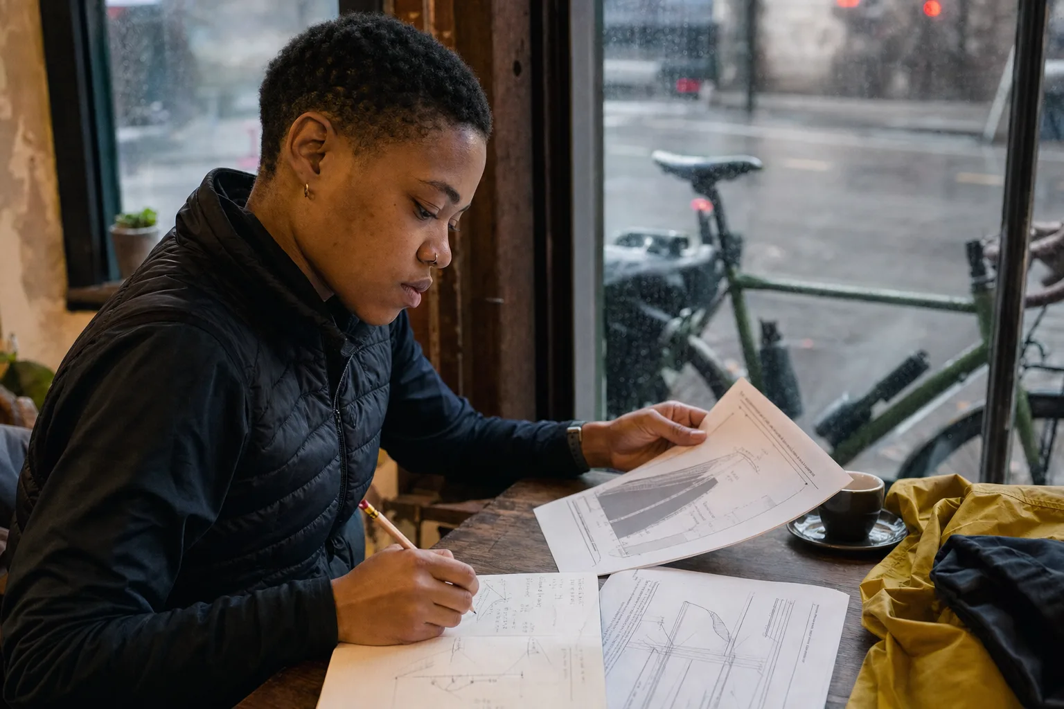 A cyclist annotates printed research charts at a café while a bicycle waits outside in the rain.