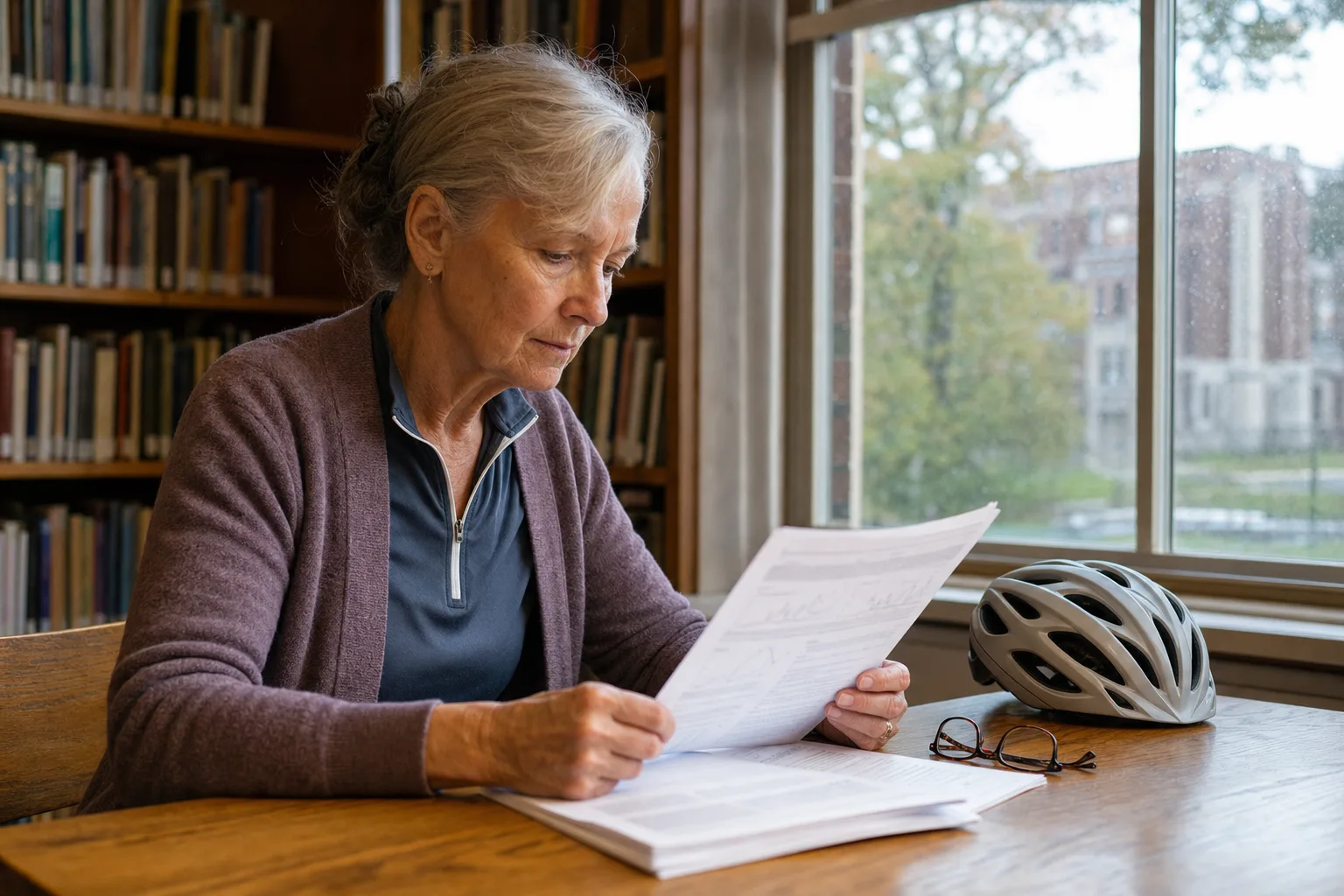 An older cyclist reads printed bike-fit research at a library table beside her helmet.