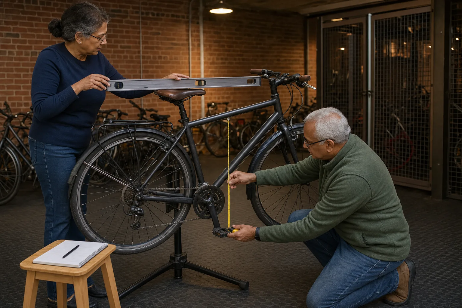 Two cyclists repeat a saddle and bottom-bracket measurement on a touring bike before recording it.