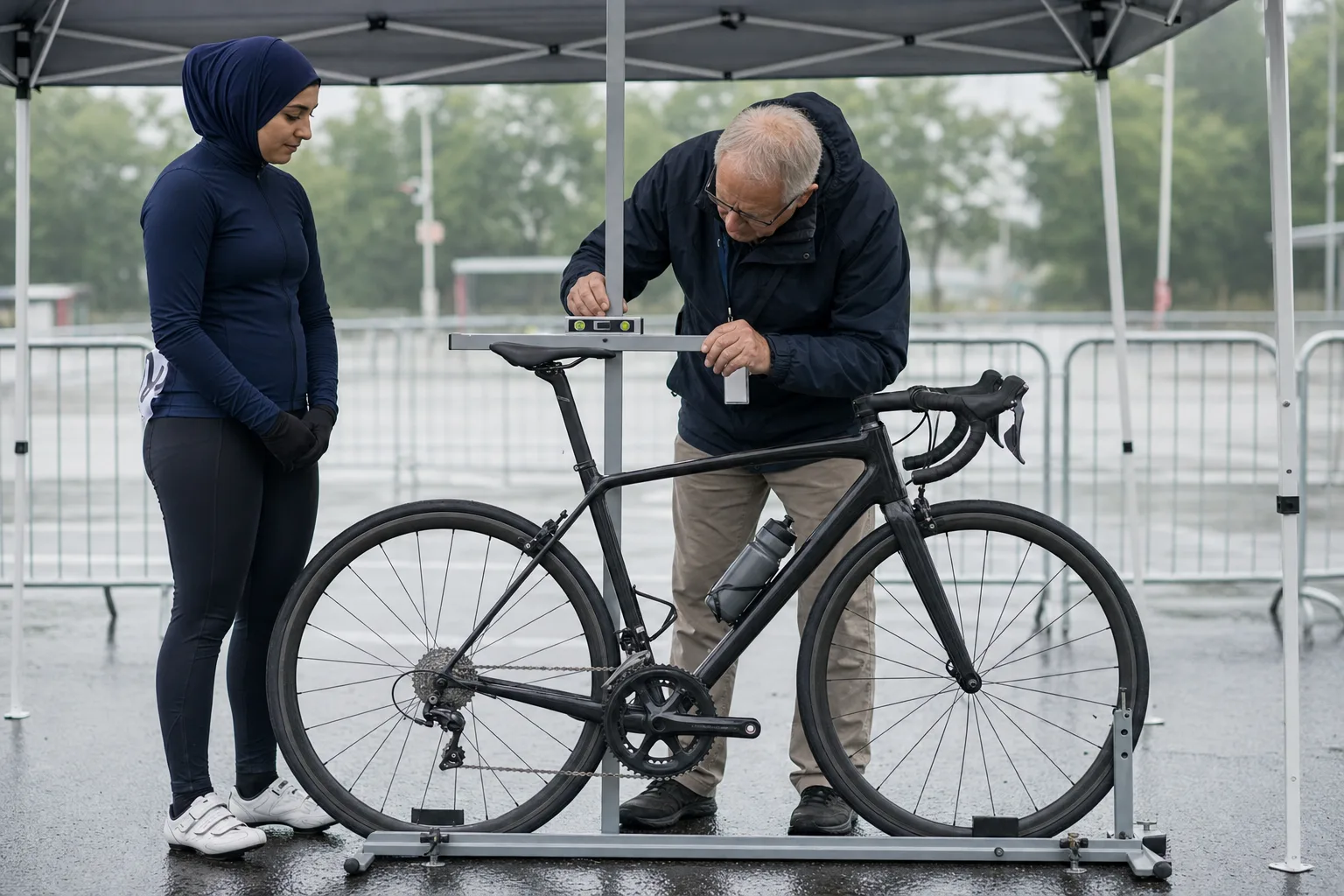 A road racer watches an official check her bicycle against a dimensional jig under a race tent.